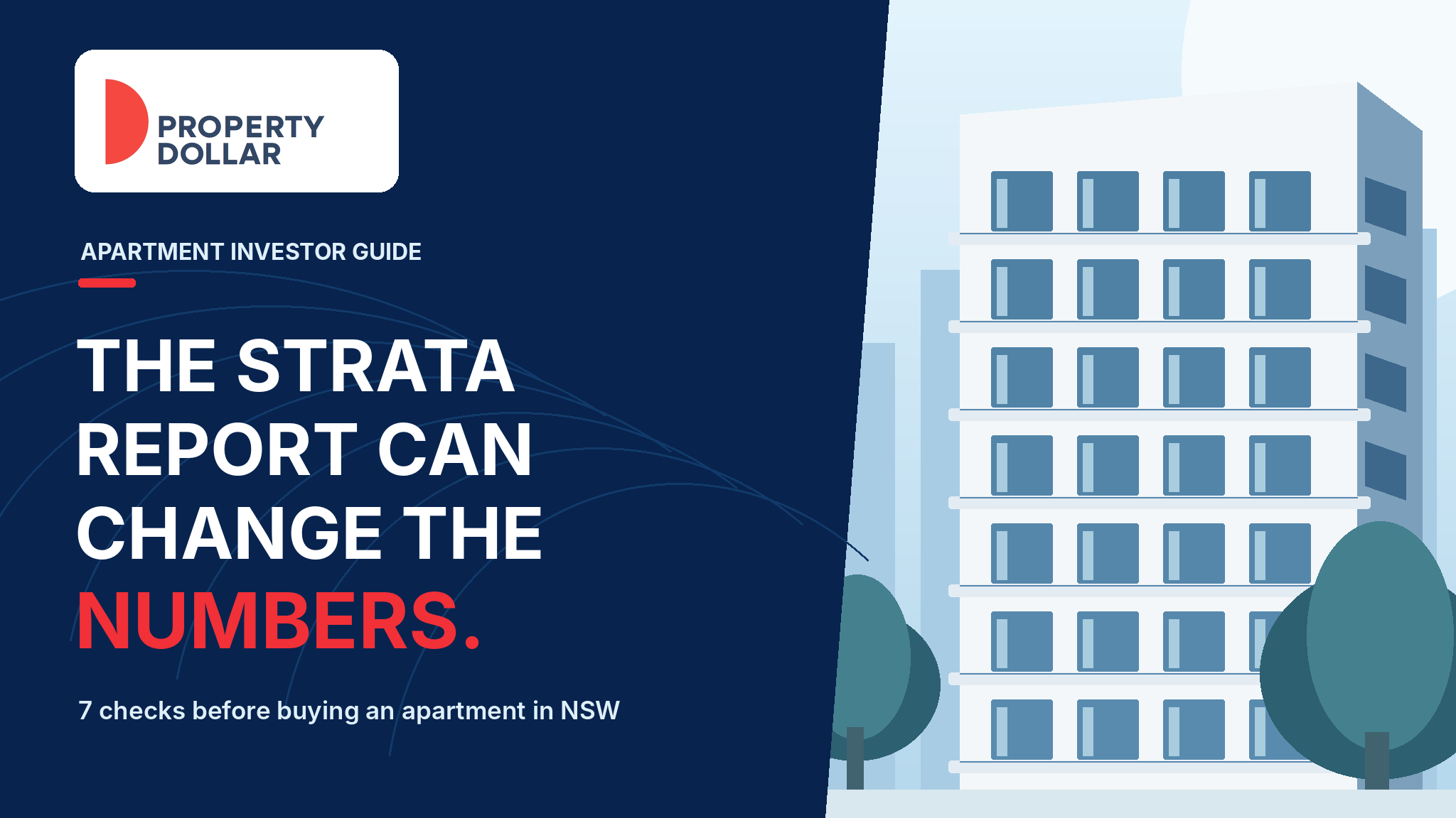 Property Dollar guide to seven strata report checks for NSW apartment buyers, showing an apartment building and investor guide headline.